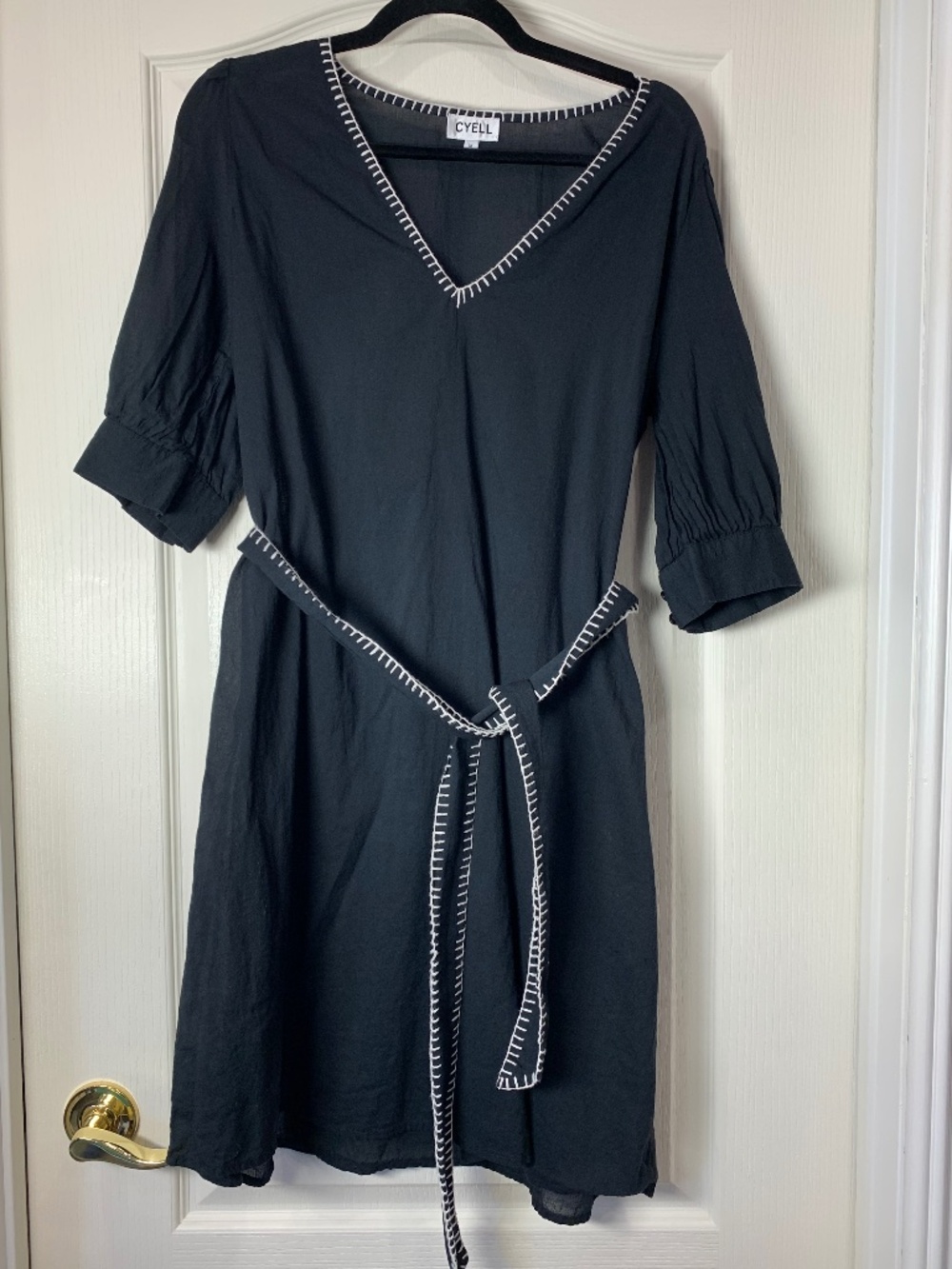 Cyell Black Cotton Dress White Stitch Detail Belted Resort Coastal Chic M EU